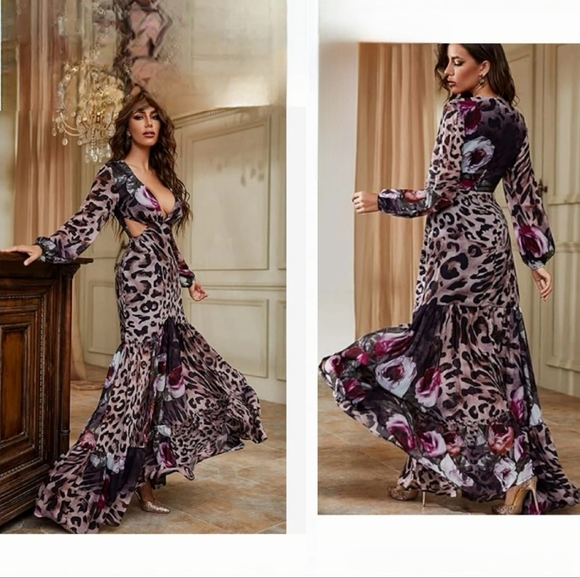 Giffniseti Sexy Leopard Print Long Sleeve Ruffle Hem Dresses Party‎ Maxi - Picture 1 of 6